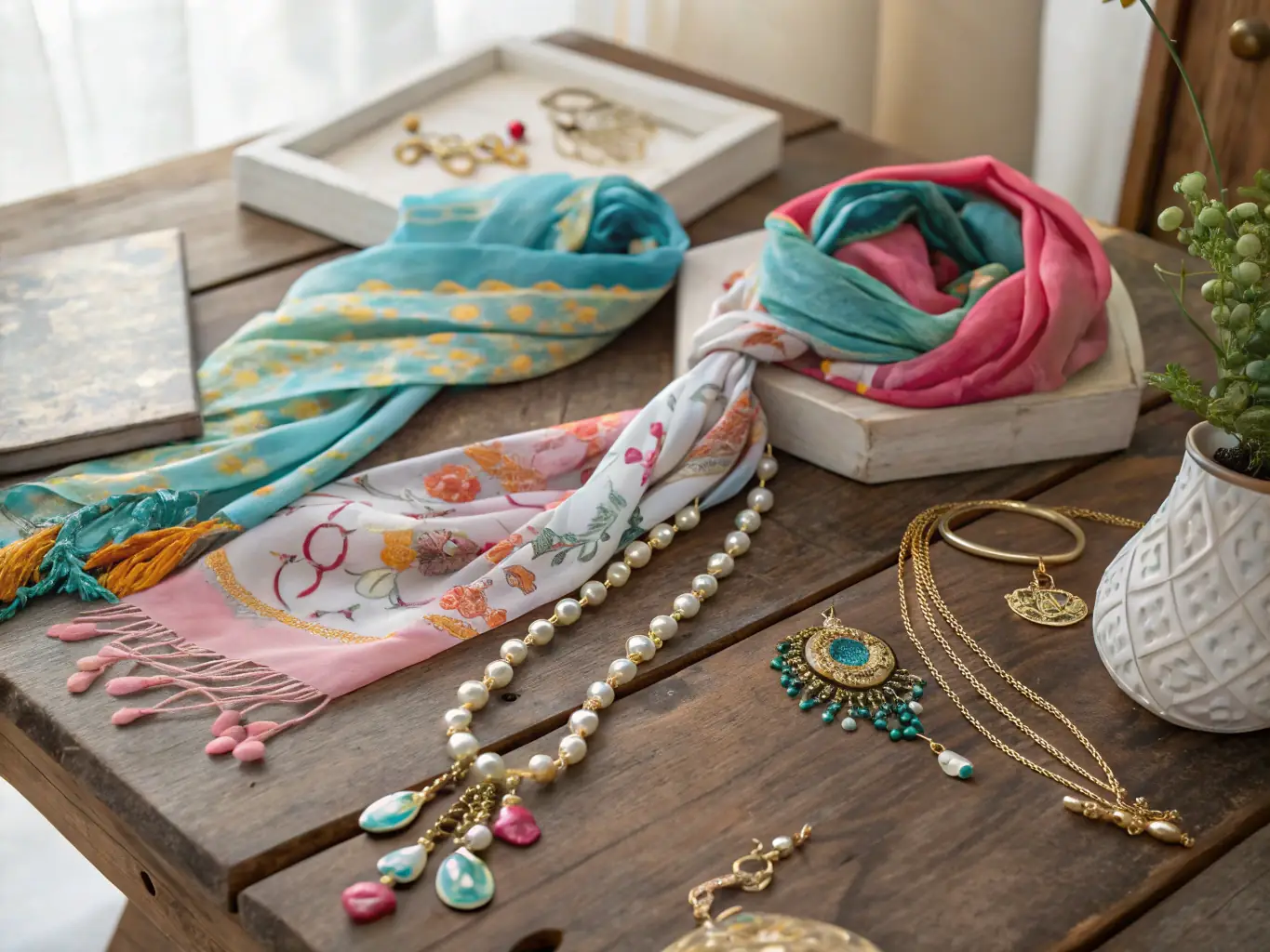 A close-up shot of a selection of trendy South African accessories, including beaded jewelry, colorful scarves, and stylish sunglasses, displayed on a rustic wooden table.