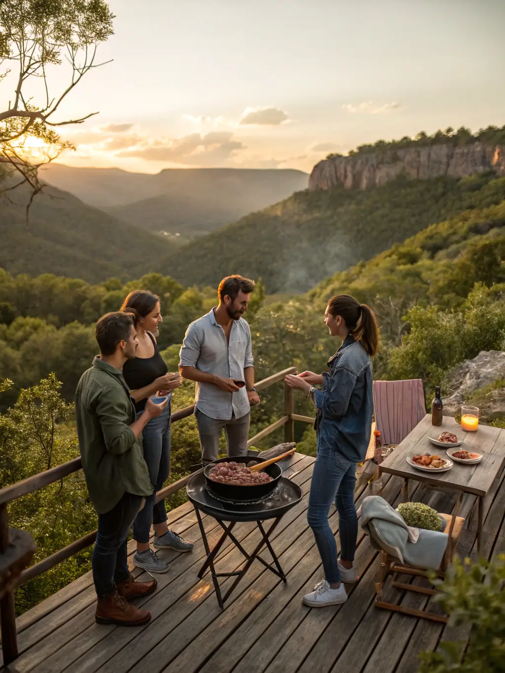 A picture of a group of friends enjoying a braai (barbecue) in trendy, casual outfits, featuring local South African designer brands and accessories.
