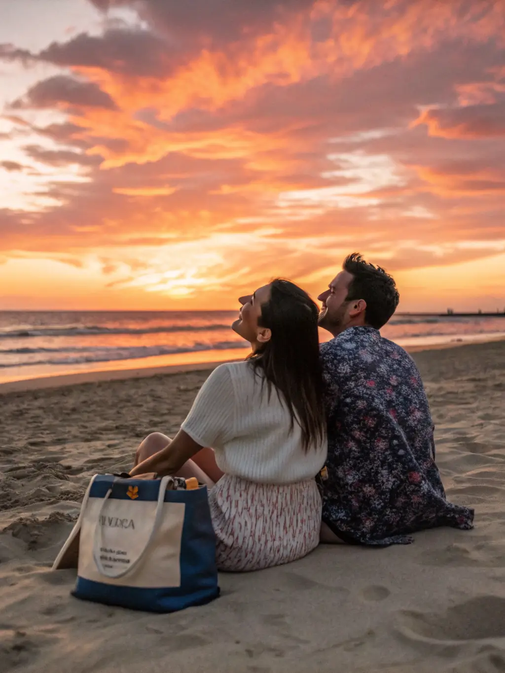 A photograph of a couple dressed in sophisticated, neutral-toned outfits, enjoying a sunset picnic on a Cape Town beach, showcasing effortless elegance and relaxed sophistication.