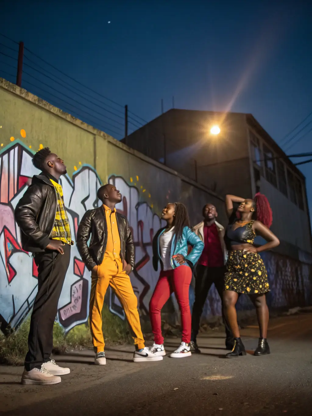 A photograph of a group of young South African friends dressed in vibrant, modern street style clothing, laughing and posing against a colorful mural in Johannesburg's Maboneng district.