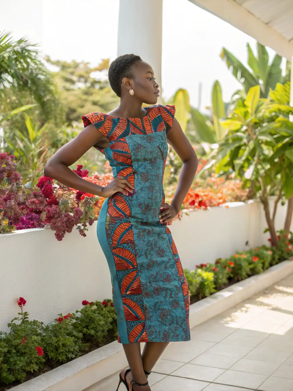 A photograph showcasing a stylish South African woman wearing a modern interpretation of traditional attire, perfect for a heritage day celebration, set against a backdrop of a vibrant Johannesburg street art.