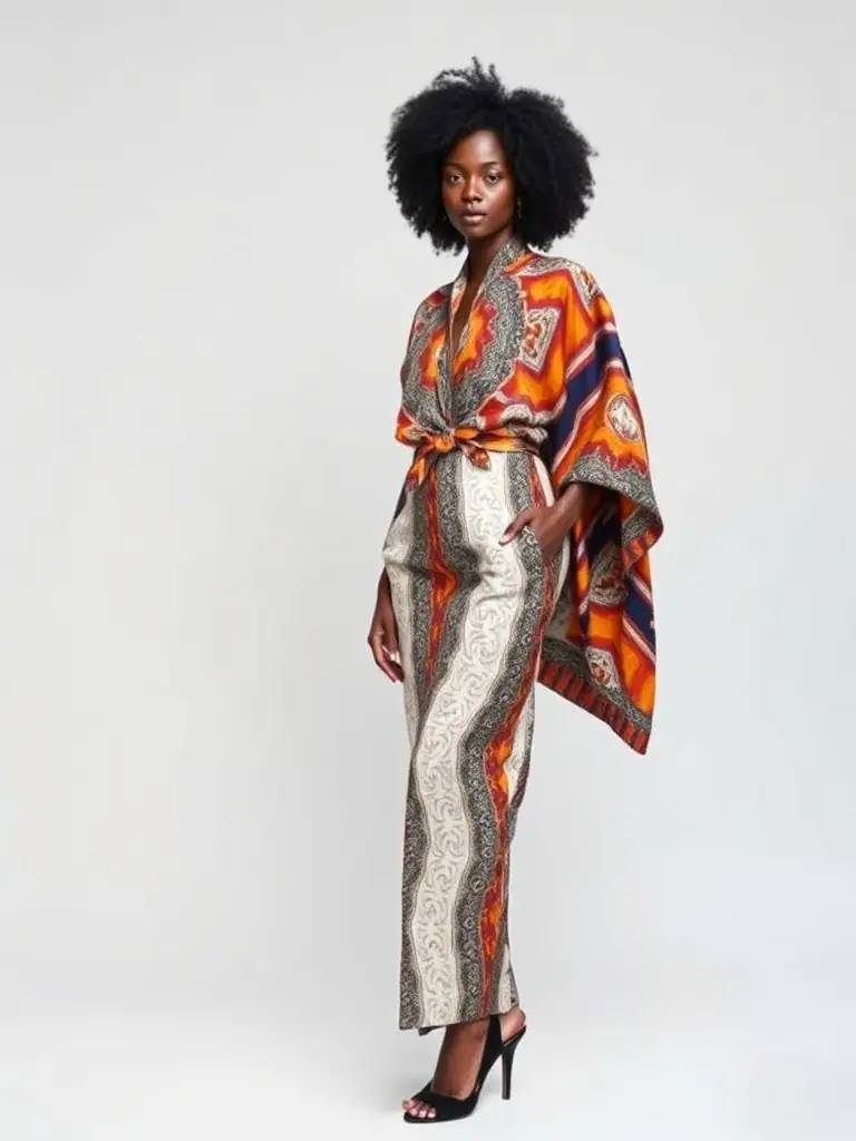 A stylish South African woman wearing a modern take on traditional Zulu attire, featuring geometric patterns and contemporary silhouettes, photographed in a chic urban setting.