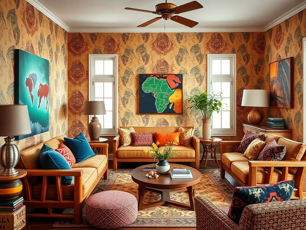 A modern South African home interior featuring trendy decor items, including woven baskets, colorful textiles, and unique art pieces, creating a stylish and inviting living space.