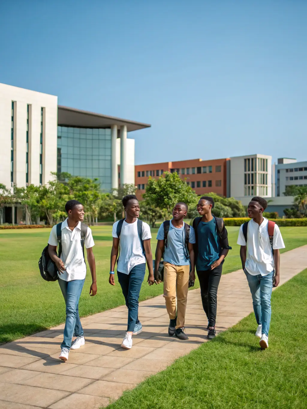 A group of South African students dressed in trendy, affordable fashion, studying together on a university campus, showcasing practical and stylish everyday looks.